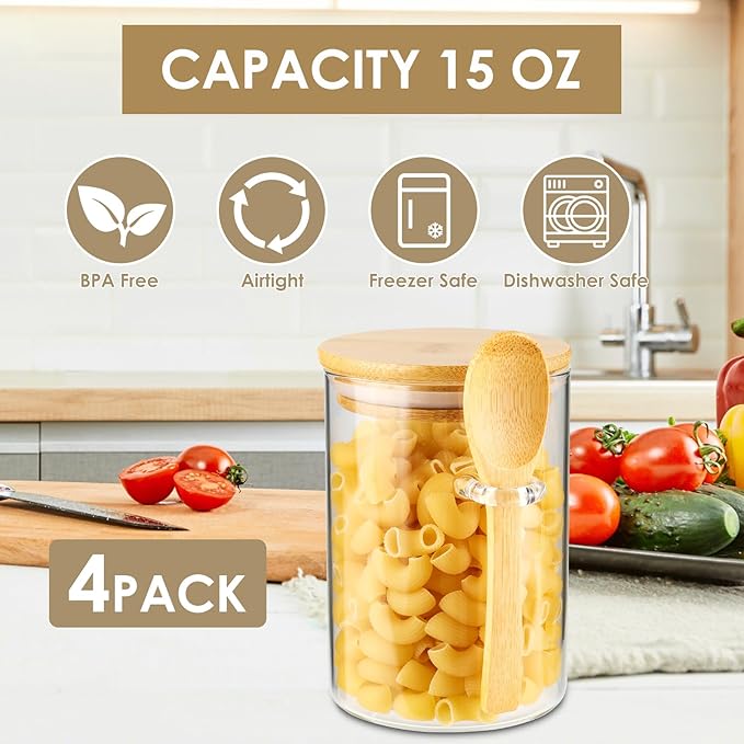 4 Pack Glass Containers Jars with Bamboo Lid and Spoon, 15OZ Airtight Glass Jars, Food Storage Jar Set Kitchen Glass Canisters for Coffee Beans, Tea, Flour, Nuts, Candy, Dry Goods, Cookie and More