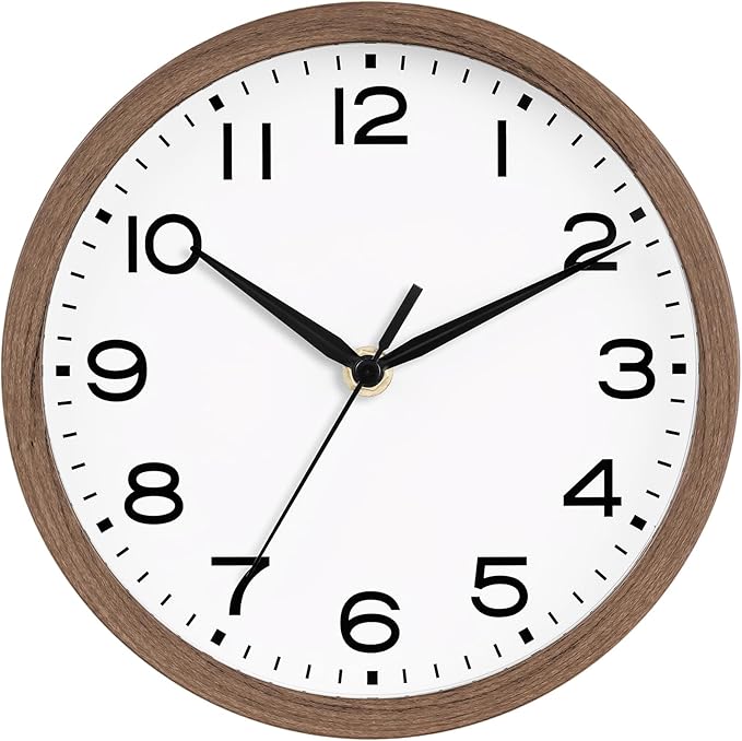 AKCISOT 8 Inch Wall Clock, Battery Operated Analog Clock, Silent Non-Ticking, Ideal for Bedroom, Bathroom, Kitchen, Office and School, Walnut