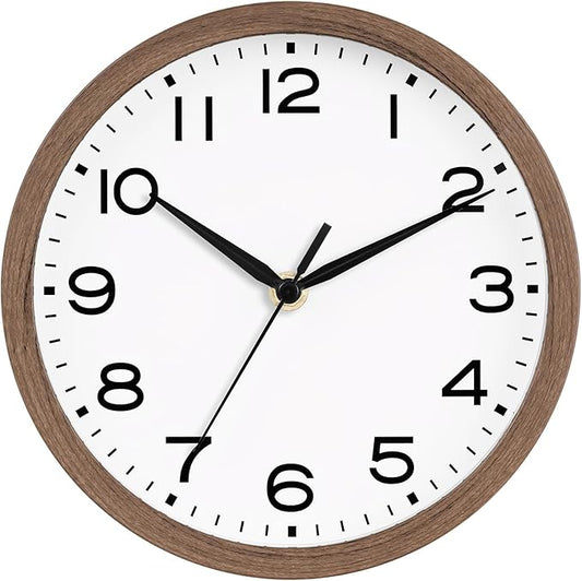 AKCISOT 8 Inch Wall Clock, Battery Operated Analog Clock, Silent Non-Ticking, Ideal for Bedroom, Bathroom, Kitchen, Office and School, Walnut