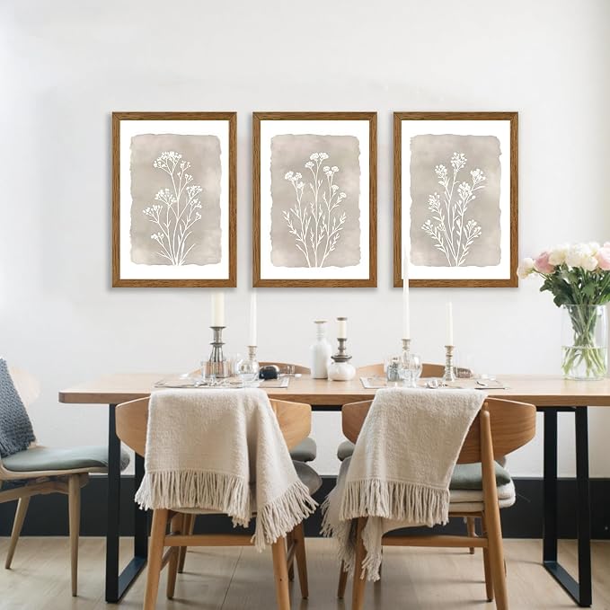 JLTULT 3 Piece Boho Beige Floral Wall Art, Minimalist Line Botanical Flower Wall Decor, Vintage Rustic Wildflower Art Prints for Living Room Bedroom Office Farmhouse Decoration 16x24 in Ready to Hang