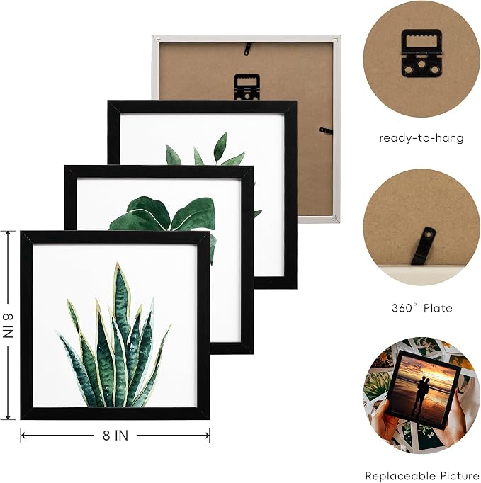 ArtbyHannah Framed Bathroom Wall Art Decor, 8x8 Inch 4 Pack Botanical Gallery Wall Frame Set Modern Farmhouse Sage Green Prints Artwork for Spa, Restroom, Bedroom, Office Decoration (Black)