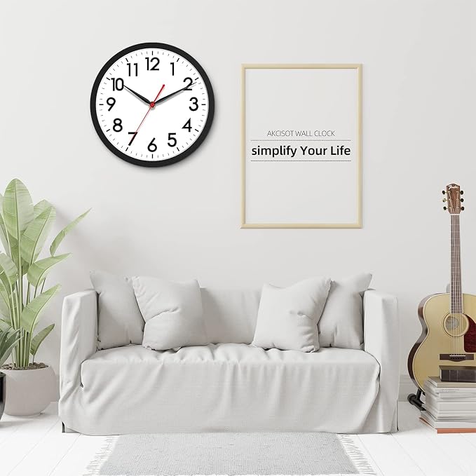 AKCISOT 10 Inch Wall Clock, Battery Operated Analog Clock, Silent Non-Ticking, Ideal for Bedroom, Bathroom, Kitchen, Office and School, Black