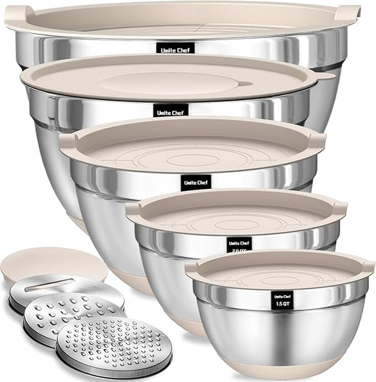 Umite Chef Mixing Bowls with Airtight Lids Set, 8PCS Stainless Steel Nesting Bowls with Grater Attachments, Non-Slip Bottoms, 5, 4, 3.5, 2, 1.5QT for Mixing & Serving