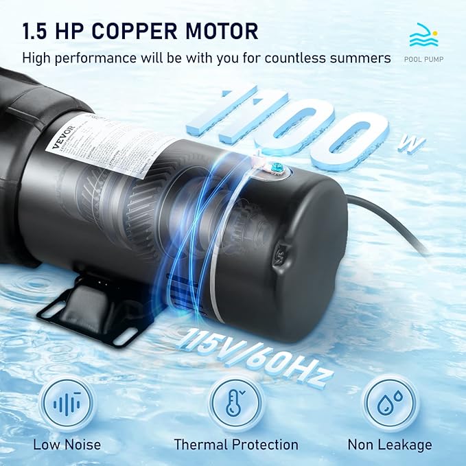 VEVOR 1.5HP Single Speed Above Ground Pool Pump 88 GPM 115V