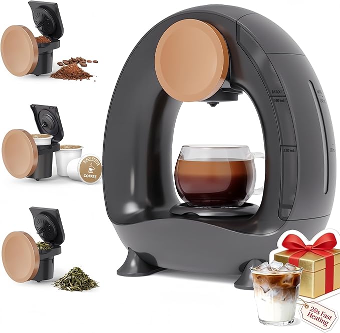 3 in 1 Single Serve Coffee Maker for K Cup Black, Ground Coffee and Tea Leaves, 1400W 20s Fast Heating Mini K Cup Coffee Brewer, One Button Operation, for Small Spaces for Bedroom