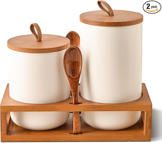 White Ceramic Canister Set of 2 with Bamboo Lids, Wooden Stand & Spoons – 35oz & 28oz Airtight Food Storage Jars for Coffee, Sugar, Tea, Kitchen Counter Organizer