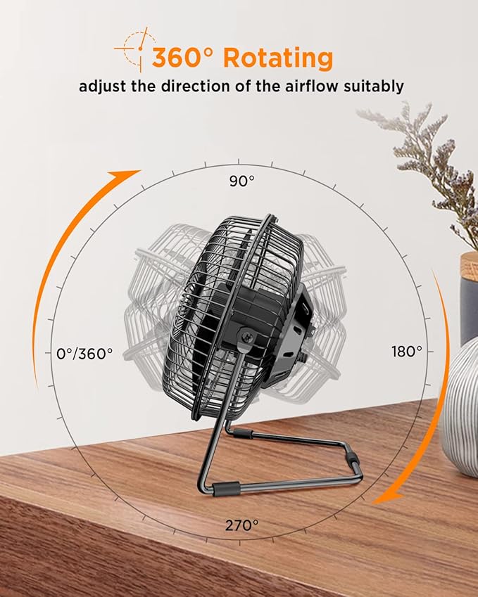 EasyAcc 5 Inch USB Desk Fan, Small USB Desk Fan, [Small Quiet Strong Airflow and 360° Rotating Personal Table Cooling Fan] USB Powered Portable Fan, 2 Speed（3.3~4.1 M/S Black (USB POWERED ONLY)