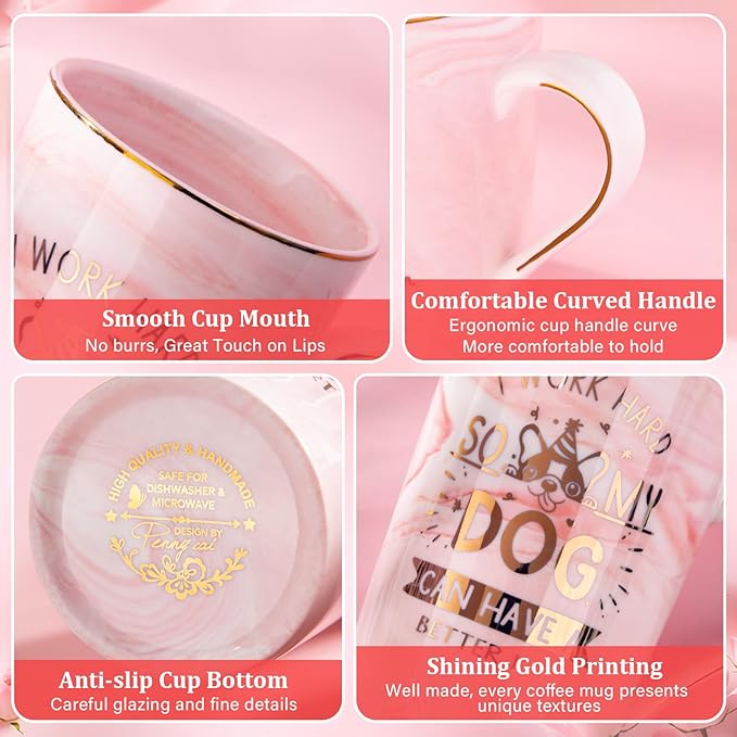 Dog Mom Gifts for Women - Unique Dog Lover Gift Presents for Birthday, Christmas, Valentine’s, or Mother’s Day - 14oz Pink Marble Ceramic Mug for Dog-Loving Friend, with Greeting Card, Nice Gift Boxed