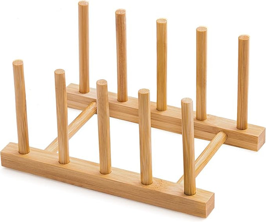 Bamboo Dish Drying Rack for Kitchen Counter and Cabinet, Dish/Book/Plate/Bowl/Cup/Cutting Board/Pot Lid Organizer for Kitchen, Living Room, Study, Display Cabinet (4 Slots)