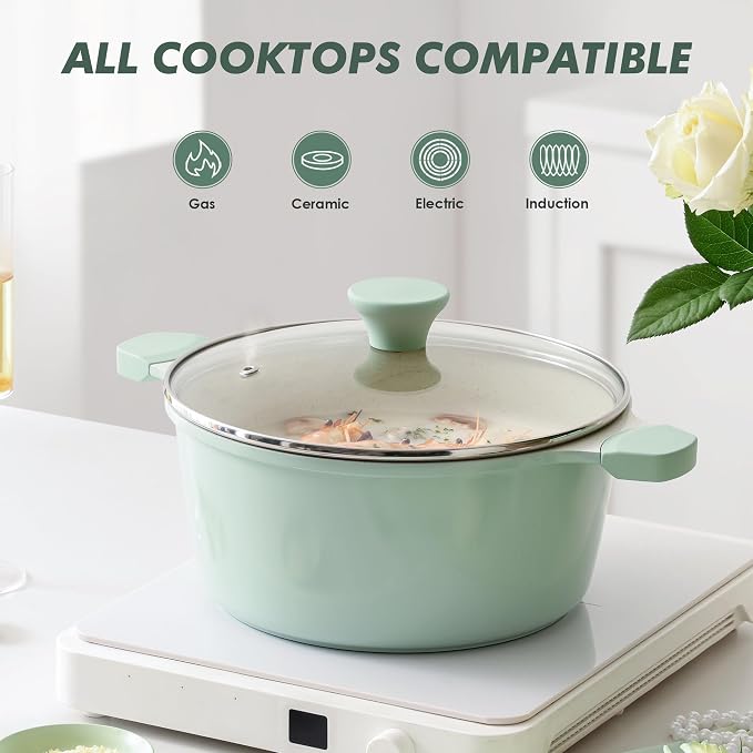 SENSARTE Ceramic Nonstick Stock Pot with Lid, 7 Quart, Green | Healthy Nontoxic Ceramic Coating, PFAS & PTFE Free, Compatible with All Stoves Including Induction Cooktops, Dishwasher safe.