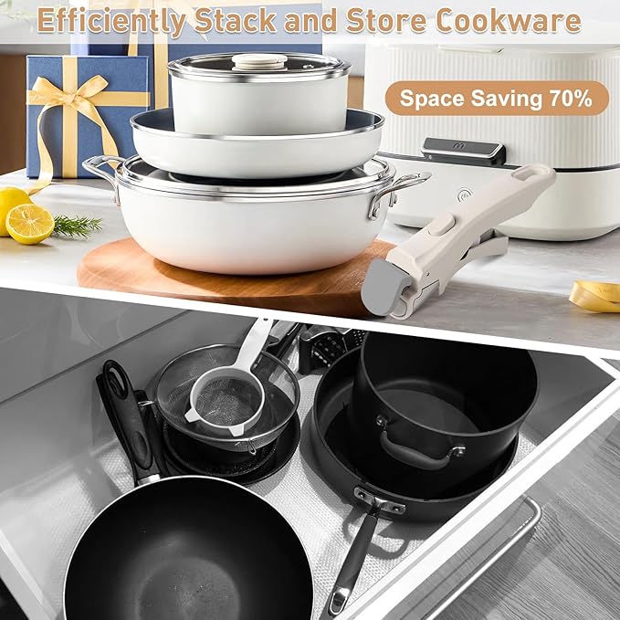 Wayona Removable Handle for Pots and Pans Black - Universal Detachable Pan Handle - Heat-Resistant Plastic, Stainless Steel, Silicone - White Gray