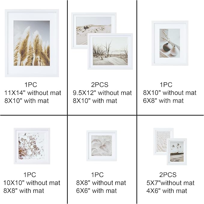 ArtbyHannah Gallery Wall Frame Set, 8 Pack Picture Frames Collage Wall Decor with Neutral Pampas Grass Art for Living Room, Assorted Size Including 11"x14", 8"x10", 5"x7"(White Frame)