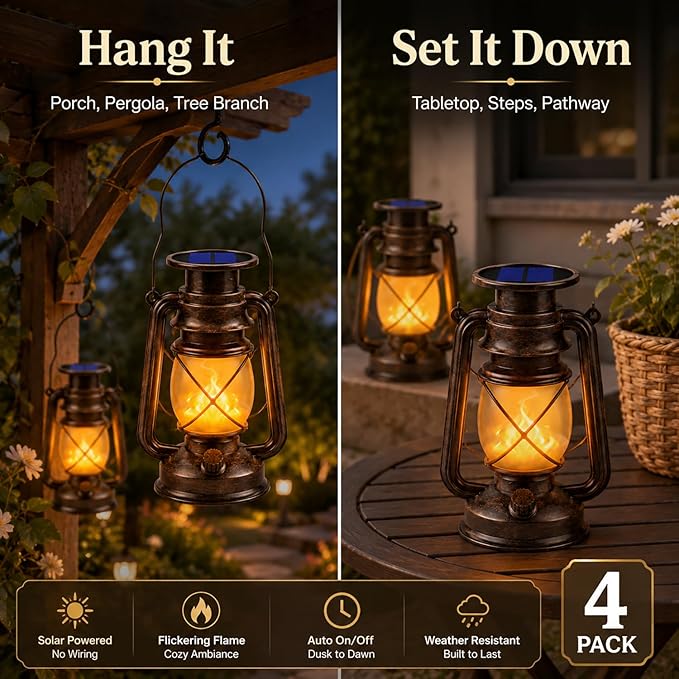Solar Lanterns Outdoor 4 Pack, Flickering Flame LED Hanging Solar Lights with Handle, Vintage Bronze Solar Powered Lanterns for Patio Porch Garden Yard Pathway Table Camping Halloween Christmas Decor