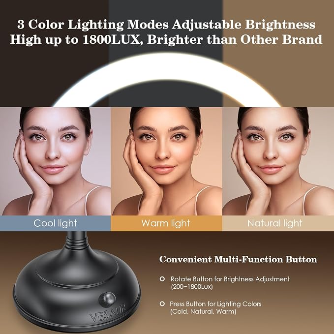 VESAUR Professional 8.5" Lighted Makeup Mirror, 1X/10X Double Sided HD Undistorted Magnifying Mirror with 3 Color 90 Dimmable LED lights, 360° Rotation Vanity Mirror, Unique Black Nickel with Gift Box
