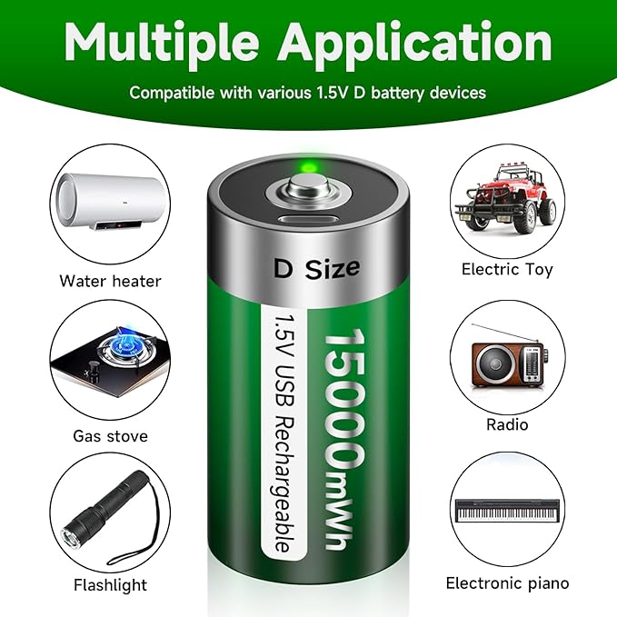 Rechargeable D Batteries 6 Pack with USB-C Charging Cable, D Size Cell Battery 15000mWh for Flashlight Toys & Floodlight