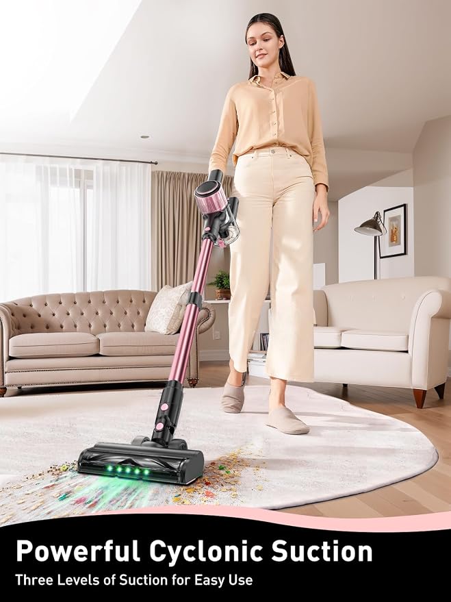 VICEASE Cordless Vacuum Cleaner, 8 in 1 Powerful Suction Lightweight Vacuum Cleaner for Home, LED Display, 3 Suction Modes, 45Mins Detachable Battery Stick Vacuum for Hard Floor Carpet Pet Hair, Pink