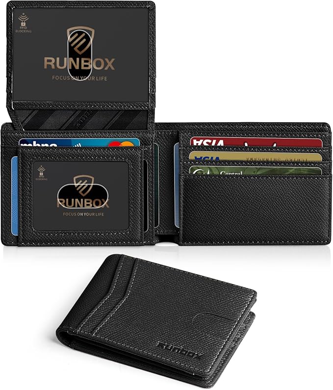 RUNBOX Wallet for Men Slim Rfid Leather 2 ID Window With Gift Box | Slim, Rfid, 2 ID Window, With Gift Box, Slim, Rfid