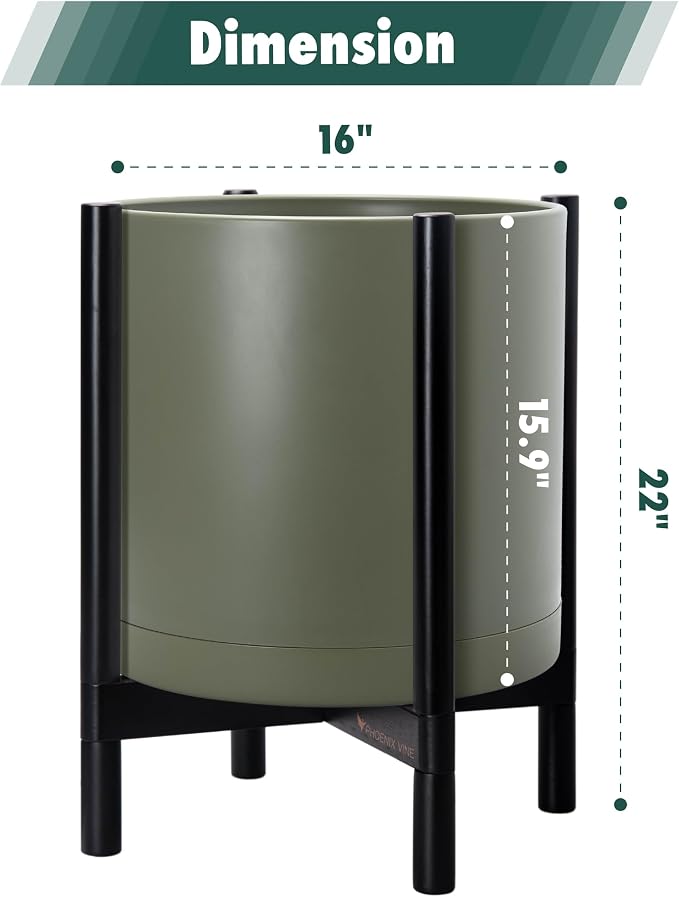 D'vine Dev Plastic Pot with Ebony Wood Stand, Olive, 16 in, 55-C-Z-3 | Mid-Century Inspired Design, Elevated Plant Display, Clean Lines, Sturdy Support, Modern Space-Saving Style
