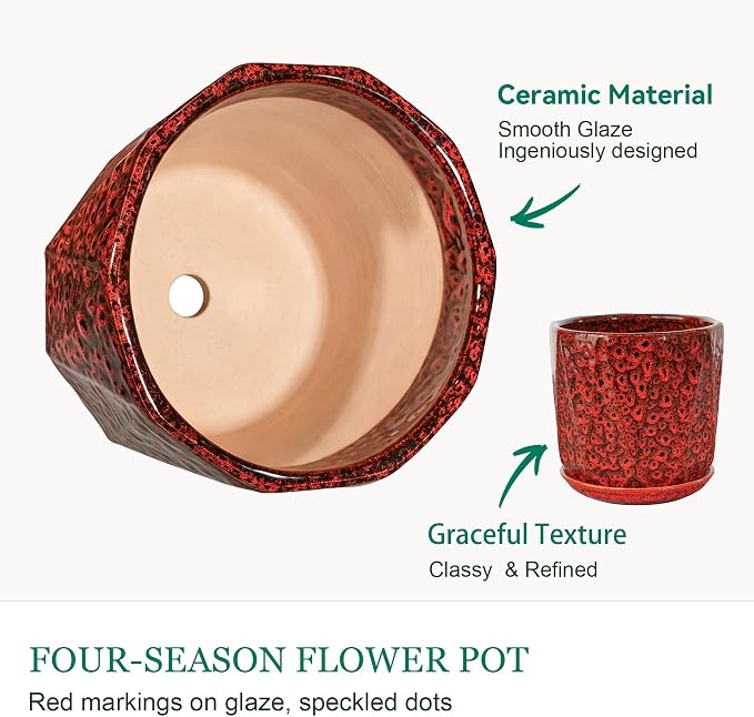 10 Inch Ceramic Plant Pot with Drainage Hole Mesh Net, Large Flower Pots for Indoor Plants with Saucer, Gardening Pots Outdoor (Red)