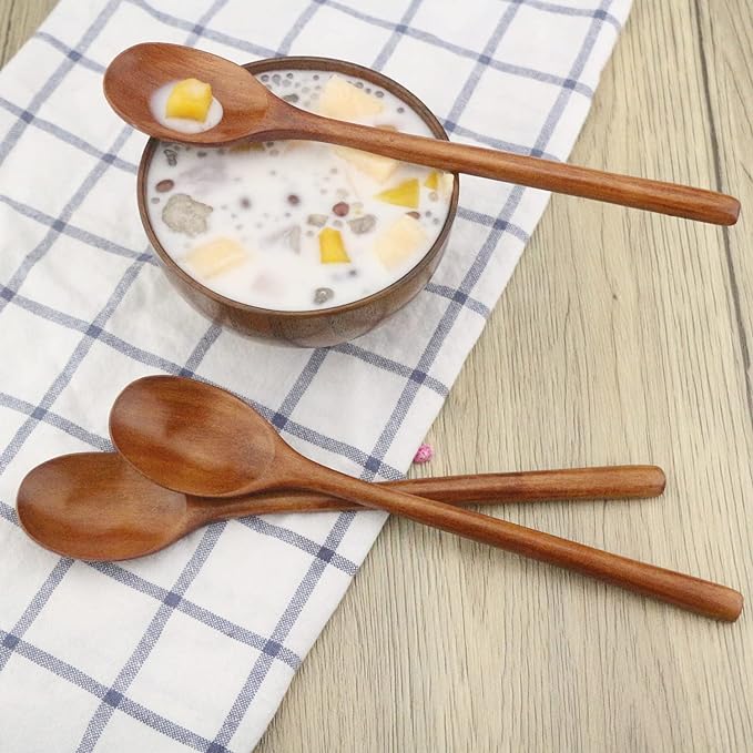 ADLORYEA Wooden Spoons, 6 Pieces 9 Inch Wood Soup Spoons for Eating Mixing Stirring, Wood Spoon with Japanese Style Kitchen Utensil