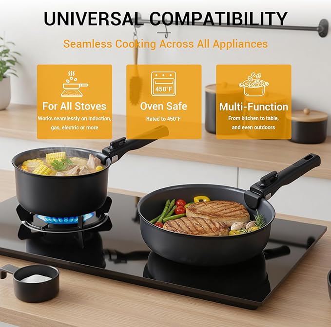 Ammeloo 18-Piece Ceramic Pots and Pans Set Non Stick, Non Toxic Cookware Set with Removable Handles, Pot Sets for Cooking, Induction Ready, Dishwasher & Oven Safe, PFAS PFOA & PTFE Free (Black)