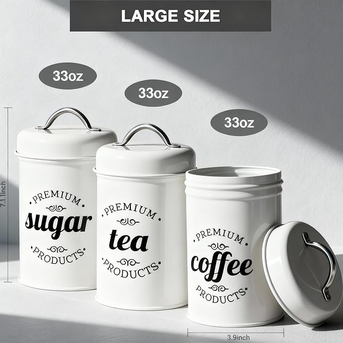 3 Piece Food Jars Canisters Sets, Airtight Coffee Container, Tea Organizer, And Sugar Canister, Rustic Farmhouse Decor for Kitchen Countertop (White)