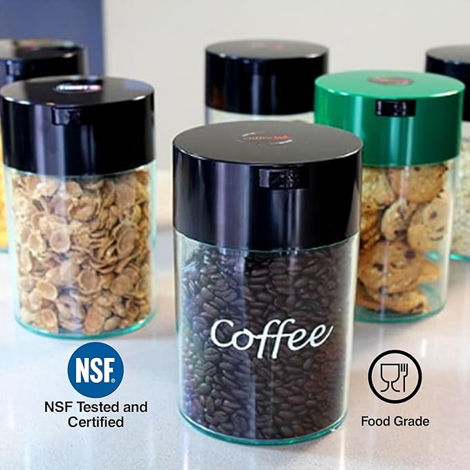 COFFEEVAC 1LB – Patented Airtight Container | Multi-use Vacuum Container Works as Smell Proof Containers for Ground Coffee and Coffee Bean Containers. Black Cap and Clear Body