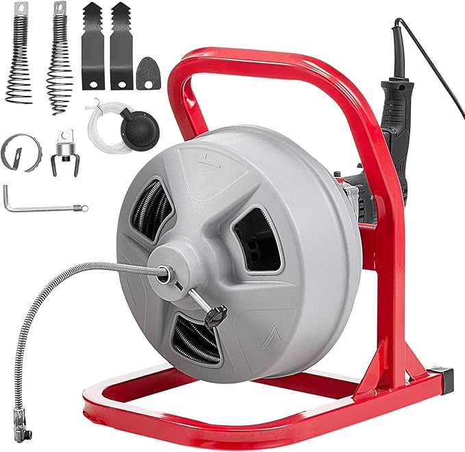 VEVOR Drain Cleaner Machine 50 FT x 5/16 Inch, Sewer Snake Auger with 228RPM Electric Drill, Manual Feed Drain Cleaning Machine with 6 Cutters & Air-activated Foot Switch for 2" to 4" Pipes