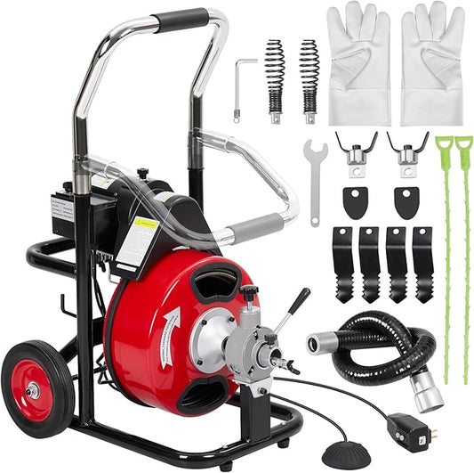 Electric Drain Cleaner Machine, 100FT x 3/8" Cable, 370W Auto-Feed Sewer Snake, 4 Interchangeable Cutter Heads, Air Foot Switch, Portable Auger for 1"-4" Pipes, Home and Commercial Use