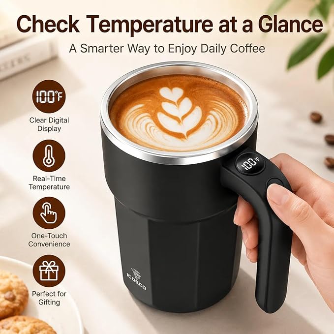 Self Stirring Coffee Mug, 12oz Rechargeable Magnetic Mixing Cup with Temperature Display, 316 Stainless Steel Electric Stirring Cup with Lid & Handle for Coffee, Cocoa, Matcha, Creamer, Mushroom Coffe