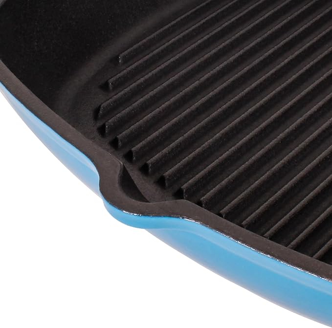 BergHOFF Neo 4Pc Enameled Cast Iron Cookware Set, Grill Pan 11 inches, Fry Pan 10 inches, 3qt. Dutch Oven, Matching Lid, Fast, Evenly Heat, Oven Safe (Blue)