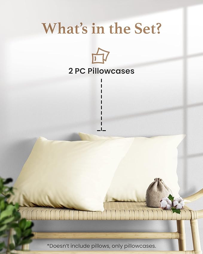1000 TC Ivory King Pillowcases Set of 2 100% Egyptian Cotton Pillow Cases with Long Staple Cotton & Sateen Weave, Silky Soft Hotel - Like Bed Pillow Covers for Comfy Sleeping, Snug Fit