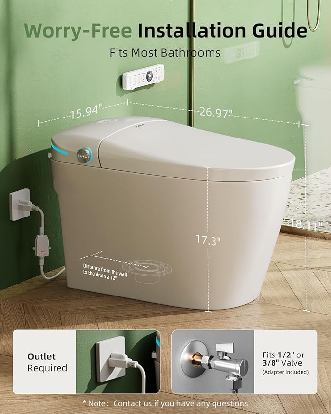 Smart Toilet with Bidet Built In, One Piece Toilet with Auto Open & Close Lid and Dual Flush, Heated Seat, Remote Control, Modern Electric Toilet with Water Tank, Foam Shield, Warm Dryer, 1.28GPF