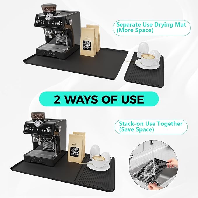 2-in-1 Coffee Mat & Dish Drying Mat Coffee Bar Mats for Countertop Coffees Matt for Counter Silicone Coffees Espresso Machine Station Mats Under coffe Maker Spill Matt Countertops Pot 24×16inch