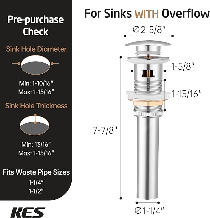 KES Bathroom Sink Drain with Overflow Vessel Vanity Sink Pop Up Drain Stopper Polished Chrome, ALL Metal Rustproof Brass and 304 Stainless Steel, S2008A-CH