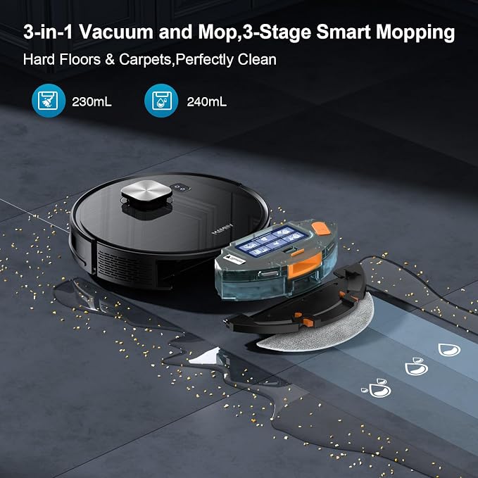 Robot Vacuum and Mop, 11500 Pa Suction, 3-in-1 Robotic Vacuum with Smart LiDAR Navigation, 90 Day Self-Emptying,160 Min Runtime,App/Alexa/Voice Control, Ideal for Pet Hair, Carpet & Hard Floor