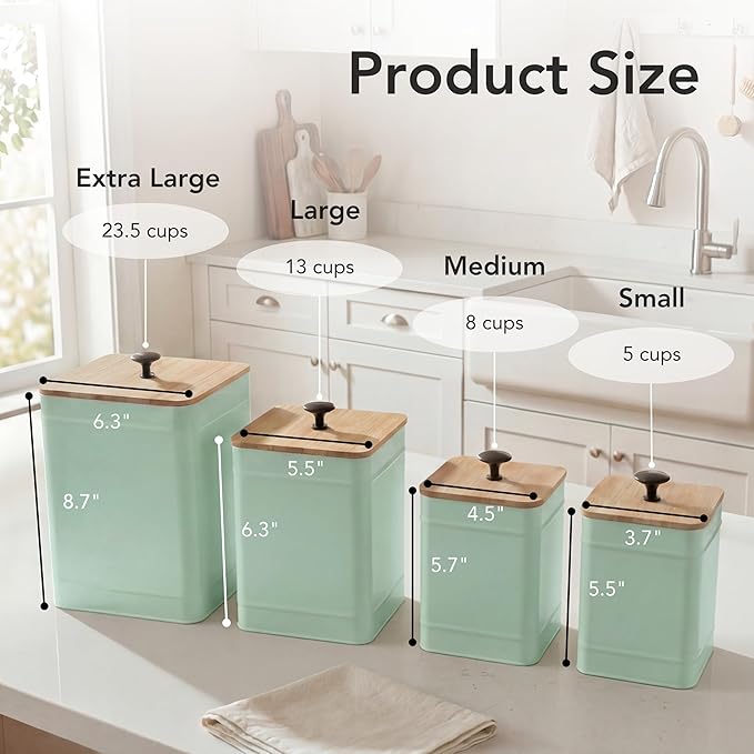 PERFNIQUE Kitchen Canisters, Airtight Canister Sets of 4 for Kitchen Counter, Sage Green Kitchen Accessories, Coffee Tea Sugar Flour Spice Tin Jars Food Storage (Sage Green)