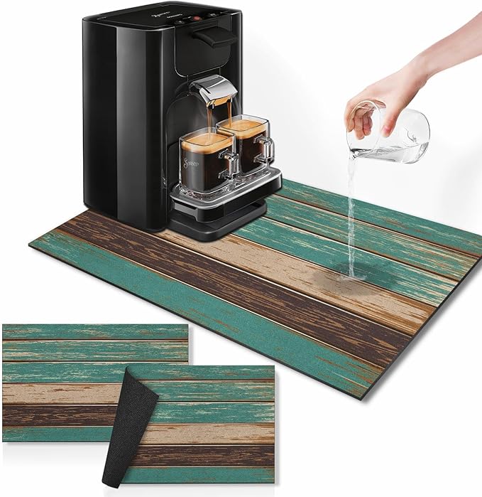 Arttown Coffee Mat for Countertops, Farmhouse Teal Brown Wood Dish Drying Mat 2 Pcs for Kitchen Bar Accessories, Fit Under Coffee Maker Espresso Machine Dish Rack Hide Stain Rubber 12x19in