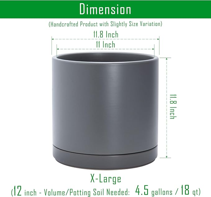 D'vine Dev 12 Inch Ceramic Planter Pot, Grey, 94-O-F-3 | Modern Cylinder Design, Drainage Hole & Saucer Included, Stable Structure, Elegant Home Accent