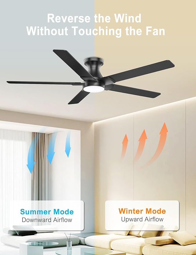 DAMINY 52 inch Black Ceiling Fans with Lights,5 Blades,6CCT, Low Profile,Remote Control,for Bedroom, Kitchen,Living Room,Indoor/Outdoor Use,Flush Mount