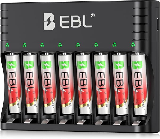 EBL Rechargeable AAA Batteries Lithium with Charger 8 Pack, 1300mWh 1.5V Triple a Batteries Lithium, 1600+ Cycles Long Lasting AAA Rechargeable Batteries for Remote Control
