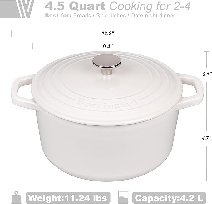 VORRINGARD Enameled Cast Iron Dutch Oven Pot with Lid, for Bread Baking, Round Bread Oven- include Sourdough Bread Baking Supplies Set, 4.5QT, White