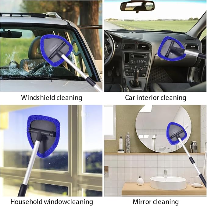 Windshield Cleaner, Car Windshield Cleaning Tool with 3 Reusable and Washable Microfiber Pads and Extendable Handle Microfiber Car Window Cleaner