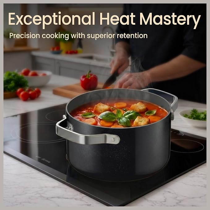 Bakken 8.5 Quart Ceramic Coated Stock Pot with Lid, Easy Clean Nonstick Pot, Tempered Glass Lid, Riveted Stainless Steel Handles, Oven Safe Up To 500°F, PTFE & PFAS Free, All Stove Compatible, Black