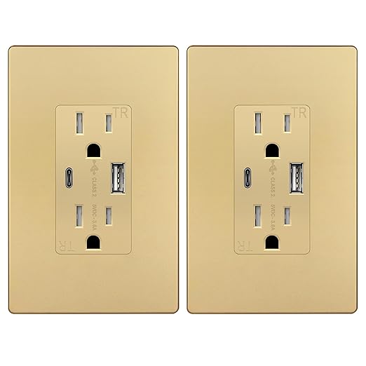 TOPGREENER USB Outlet, Type C & Type A Wall Outlet, 15 Amp Tamper Resistant Receptacle Plug, Charging Power Outlet with USB Ports, Wall Plate Included, UL Listed, TU21536AC-GDWSI-2PCS, Gold, 2 Pack