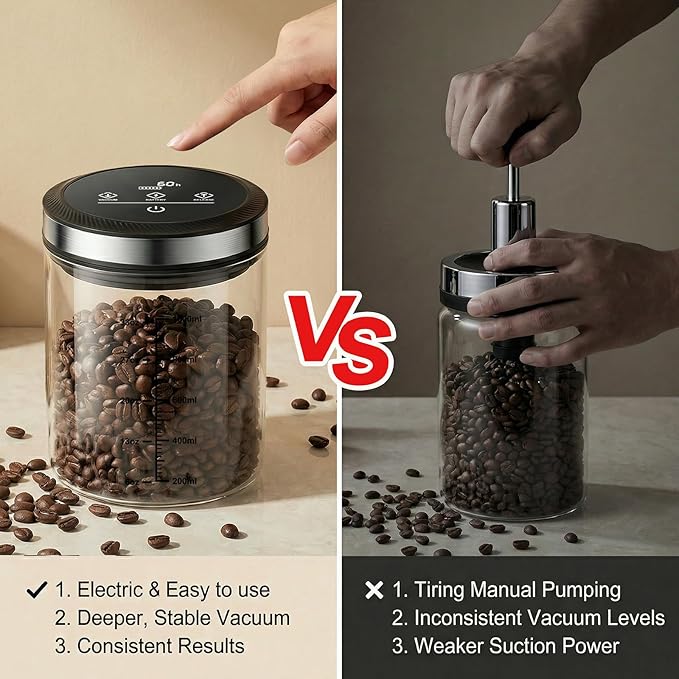 Vacuum Coffee Canister, One-touch Operation with Display, Standby Time Over 4500H, Vacuum Coffee Canister Suitable for Grain/Sugar/Tea Leaves/Flour, 1.2L Capacity with Large Feed Opening