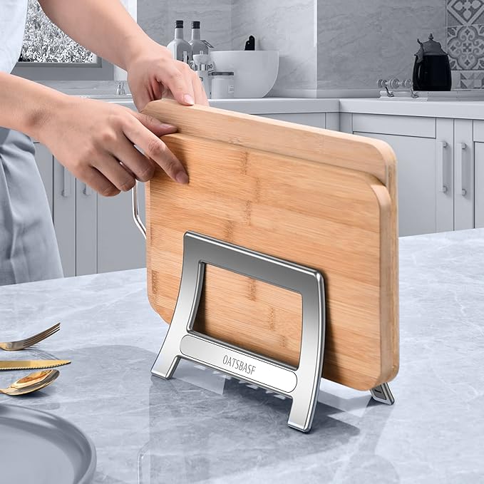Cutting Board Rack, Auto Width Adjustable Holder Stand for Countertop or Cabinet (Silver)