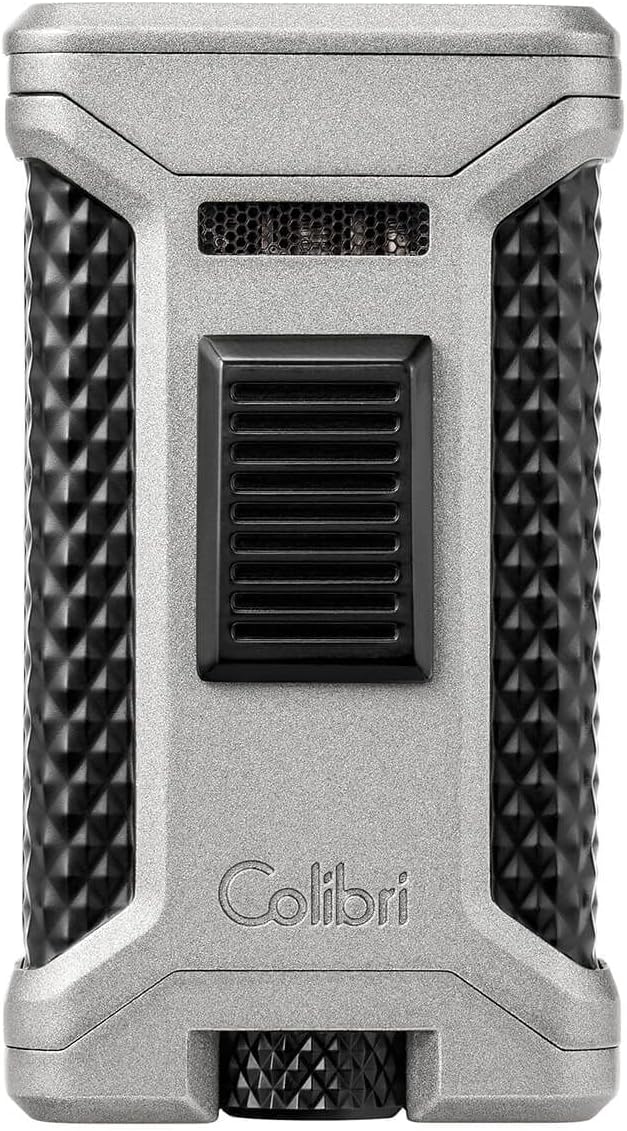 Colibri Ascari Triple Jet Torch Lighter, Windproof & Uses Butane Refill, Cigar Enthusiast's Choice with Integrated Punch, Blue Fuel Window, and Adjustable Flame (Charcoal + Black)