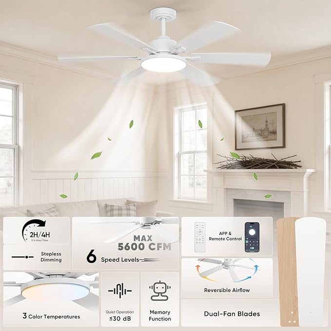 52 Inch Ceiling Fans with Lights, 6 Double Sided Blades, Ultra Quiet Reversible DC Motor, Remote & APP Control, 6 Speeds, 3CCT Dimmable LED with Memory Function, Downrod Mount for Living Room, White
