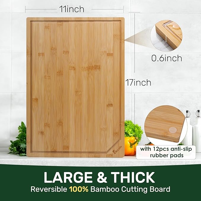 Kikcoin 17”×11” Bamboo Cutting Boards for Kitchen, Healthy Wooden Cutting Boards for Kitchen, Charcuterie, Vegetables, Cheese, Extra Large Chopping Boards with Deep Juice Groove and Handle, Natural
